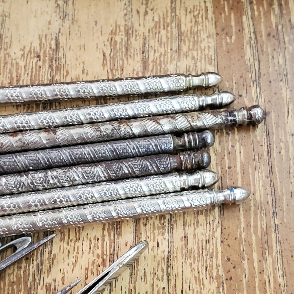 Antique Art Deco Bakelite Box Leather Awls Curved Sewing Needles Tweezers Picks - Picture 13 of 16